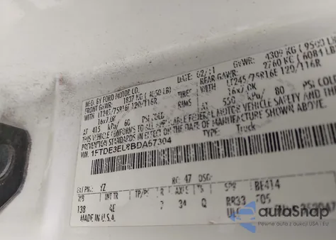 2011 Ford Econoline Commercial z USA, uszkodzony, nr VIN 1FTDE3EL8BDA67304